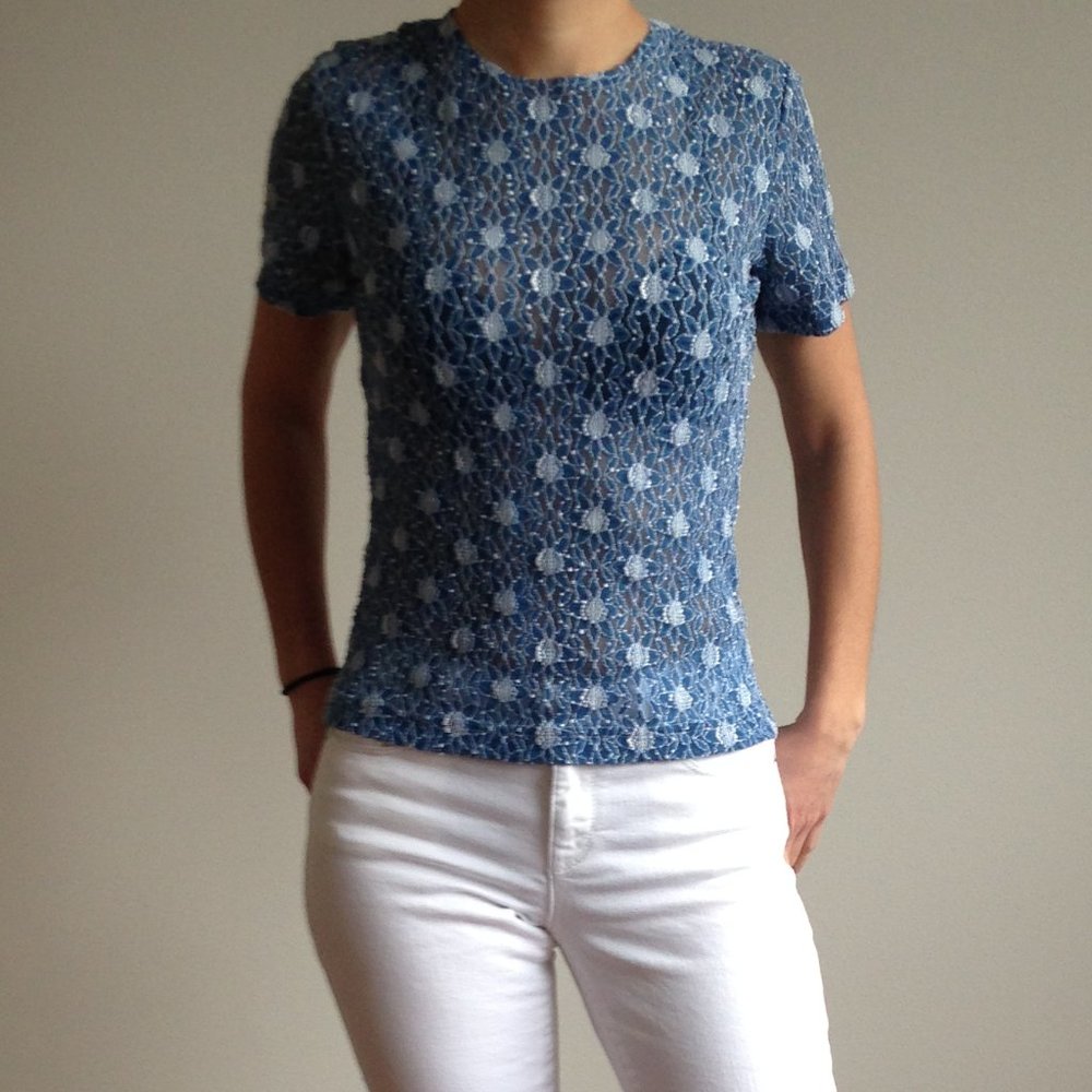 Go Figure - Blue Mesh Tee With Flower Details